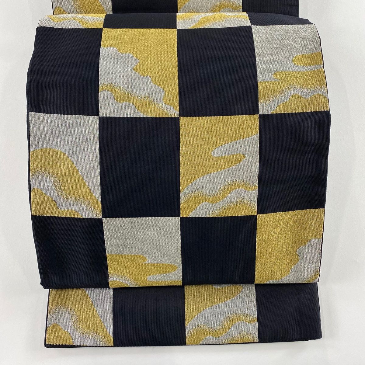 袋帯 秀品 市松 波 金銀糸 黒 六通 正絹