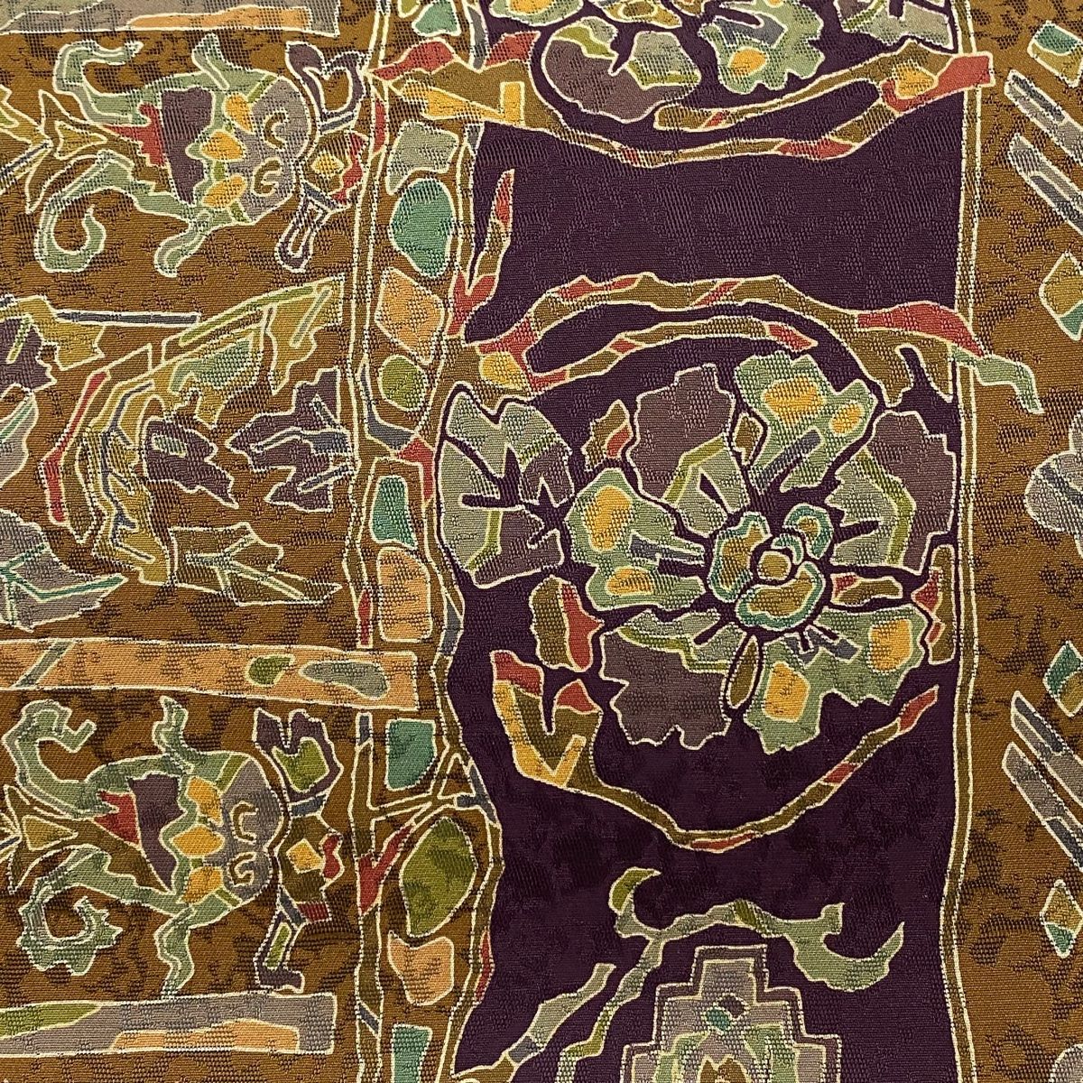 袋帯 秀品 縞 幾何学模様 山吹茶色 全通 正絹