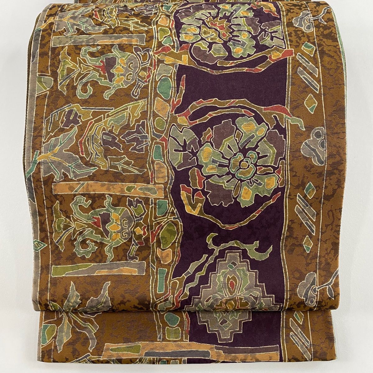 袋帯 秀品 縞 幾何学模様 山吹茶色 全通 正絹