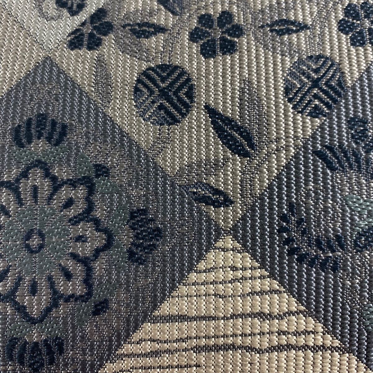 袋帯 秀品 草花 斜め格子 青灰色 六通 正絹