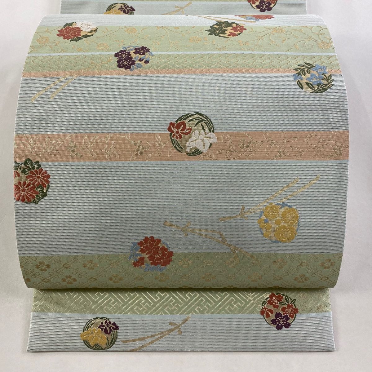 袋帯 秀品 花丸文 縞 箔 水色 六通 正絹