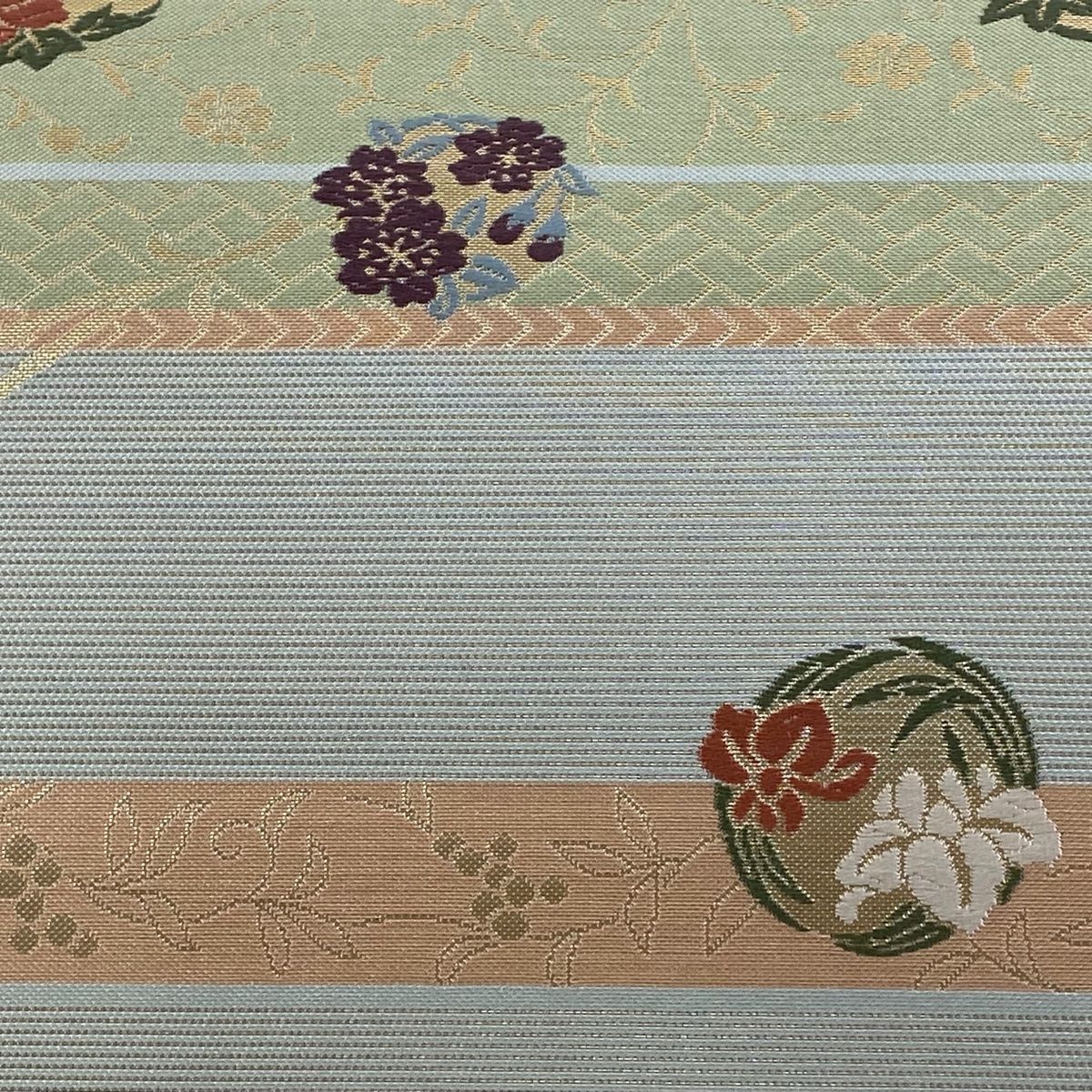 袋帯 秀品 花丸文 縞 箔 水色 六通 正絹