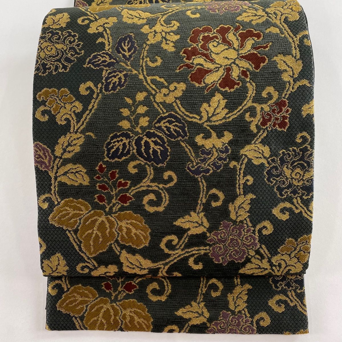 袋帯 秀品 花唐草 金糸 深緑 六通 正絹