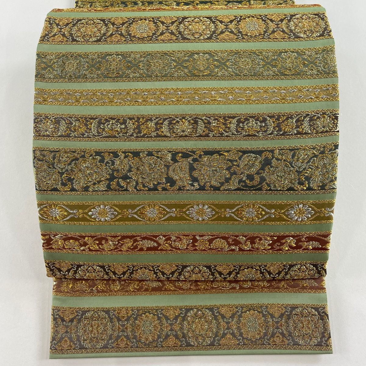 袋帯 秀品 華文 草花 金銀糸 抹茶色 六通 正絹