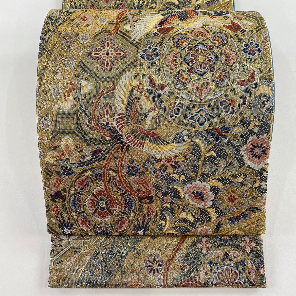 袋帯 秀品 華文 尾長鳥 箔 金糸 紺色 六通 正絹