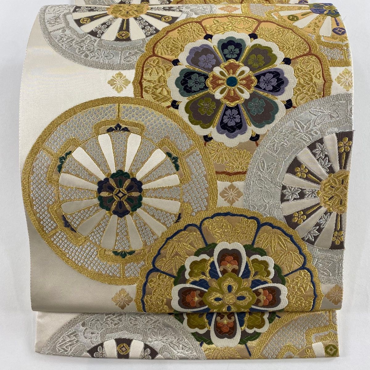 袋帯 秀品 華文 源氏車 金銀糸 箔 クリーム 六通 正絹