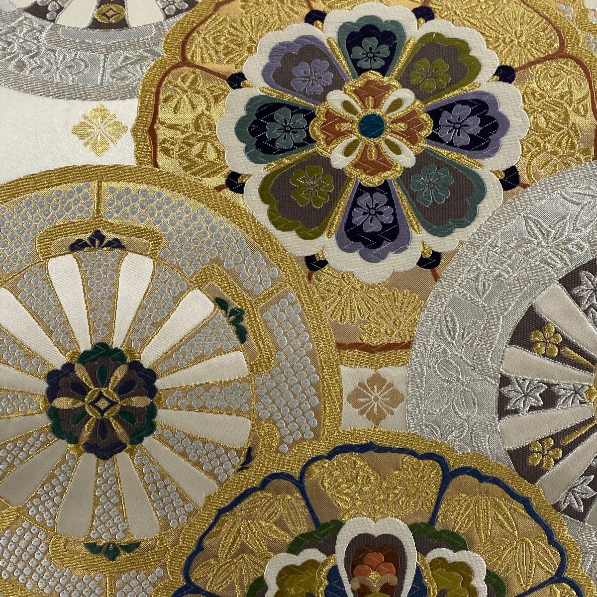 袋帯 秀品 華文 源氏車 金銀糸 箔 クリーム 六通 正絹