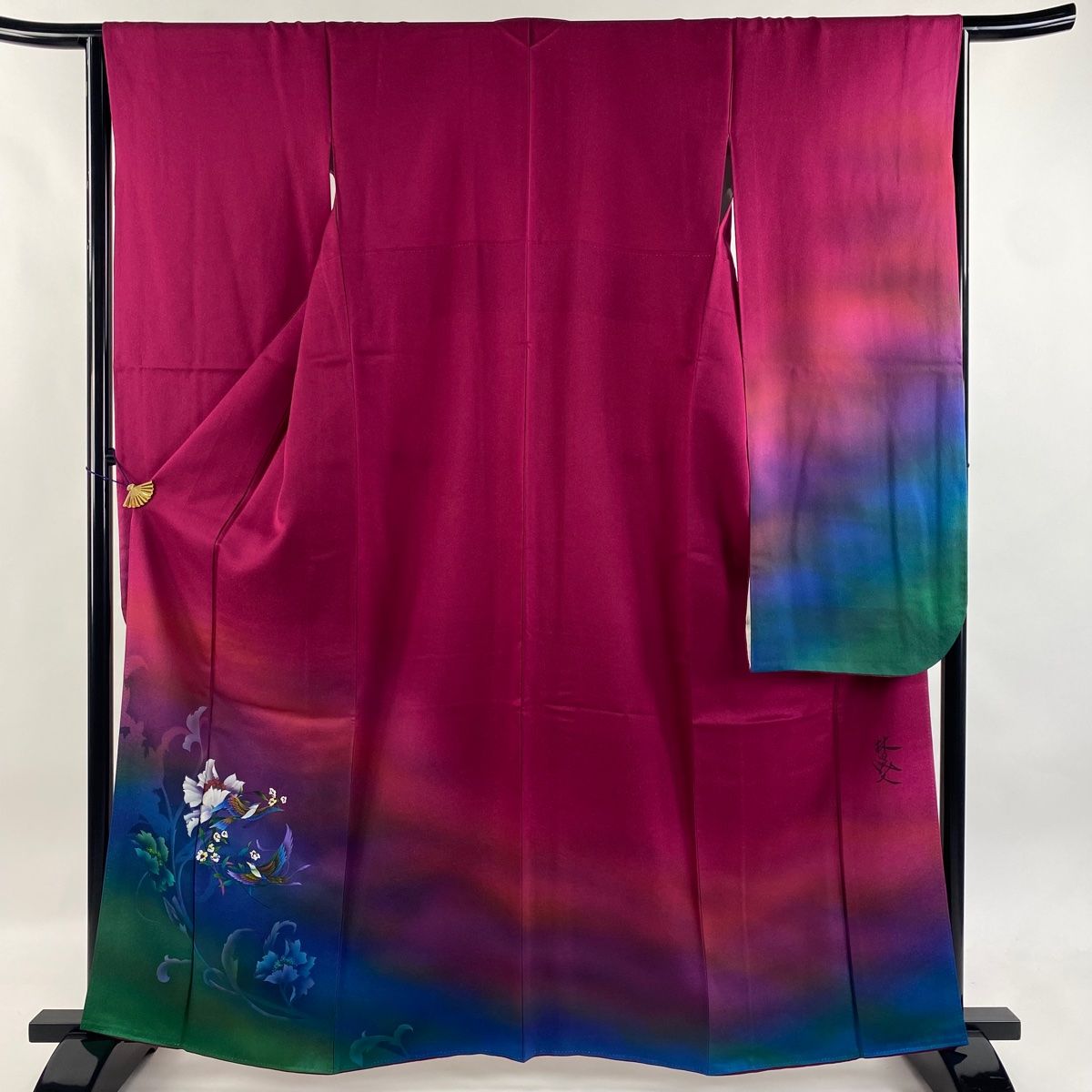 振袖 身丈161.5cm 裄丈66cm M 袷 落款 鳥 草花 金通し 金彩 赤紫 正絹