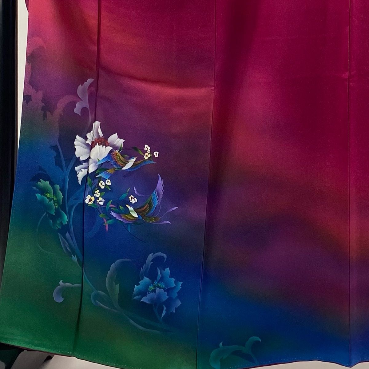 振袖 身丈161.5cm 裄丈66cm M 袷 落款 鳥 草花 金通し 金彩 赤紫 正絹