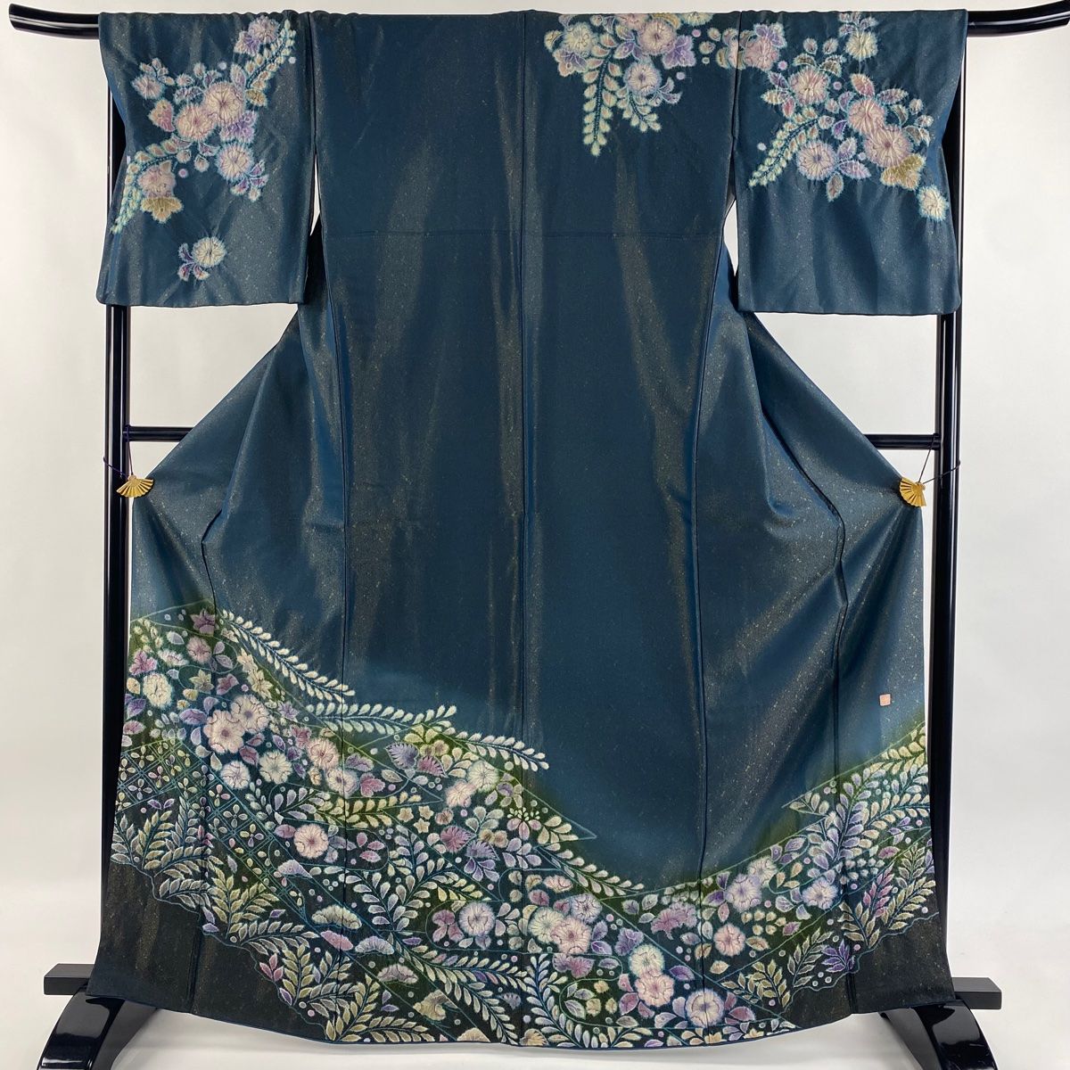 訪問着 身丈165cm 裄丈68.5cm L 袷 落款あり 辻が花 草花 金通し ぼかし 青緑 正絹