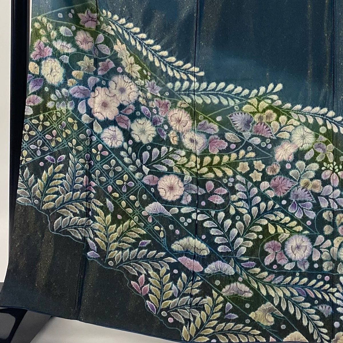 訪問着 身丈165cm 裄丈68.5cm L 袷 落款あり 辻が花 草花 金通し ぼかし 青緑 正絹