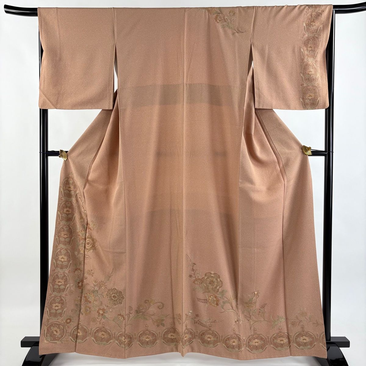 訪問着 身丈162 cm 裄丈65.5 M 袷 華文 草花 刺繍 茶色 正絹