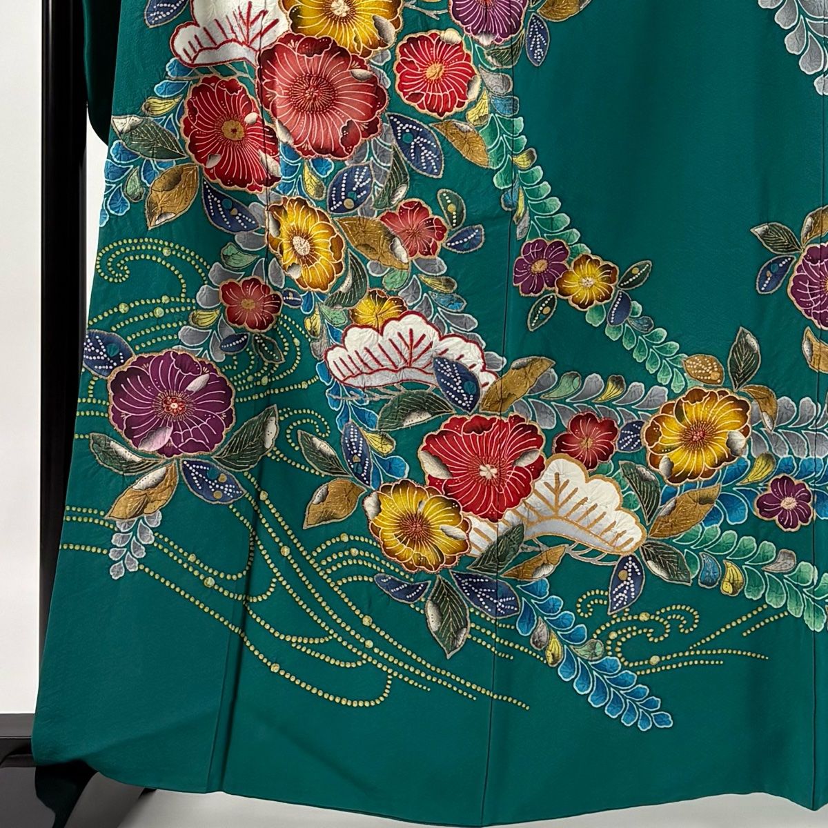 振袖 身丈162.5cm 裄丈66cm M 袷 草花 流水 絞り 金彩` 緑 正絹