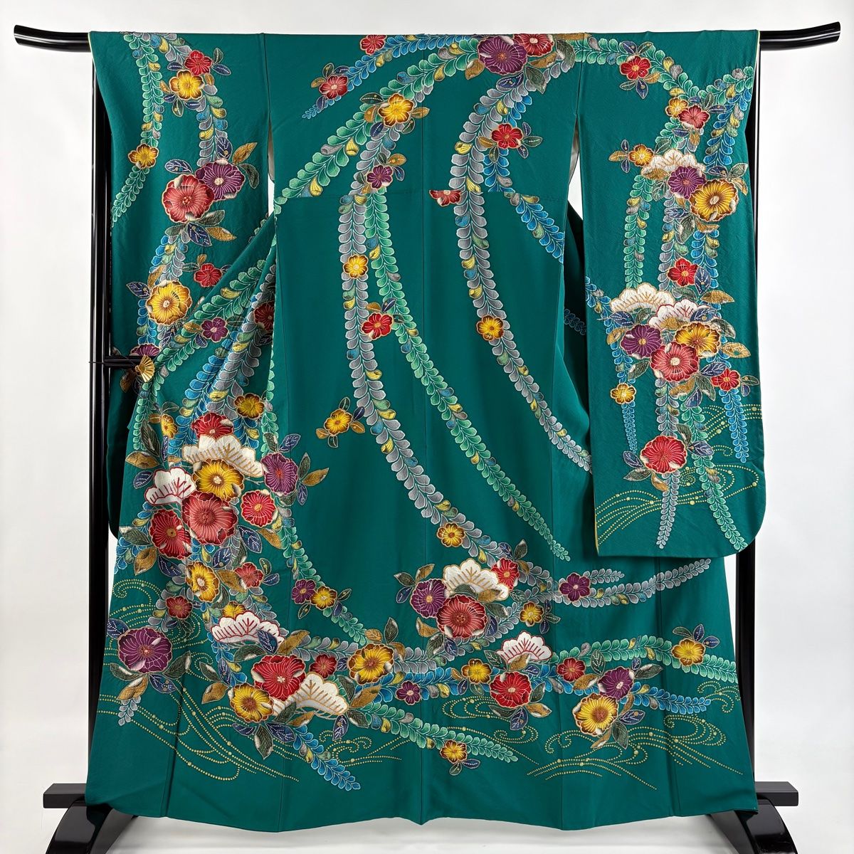 振袖 身丈162.5cm 裄丈66cm M 袷 草花 流水 絞り 金彩｀ 緑 正絹