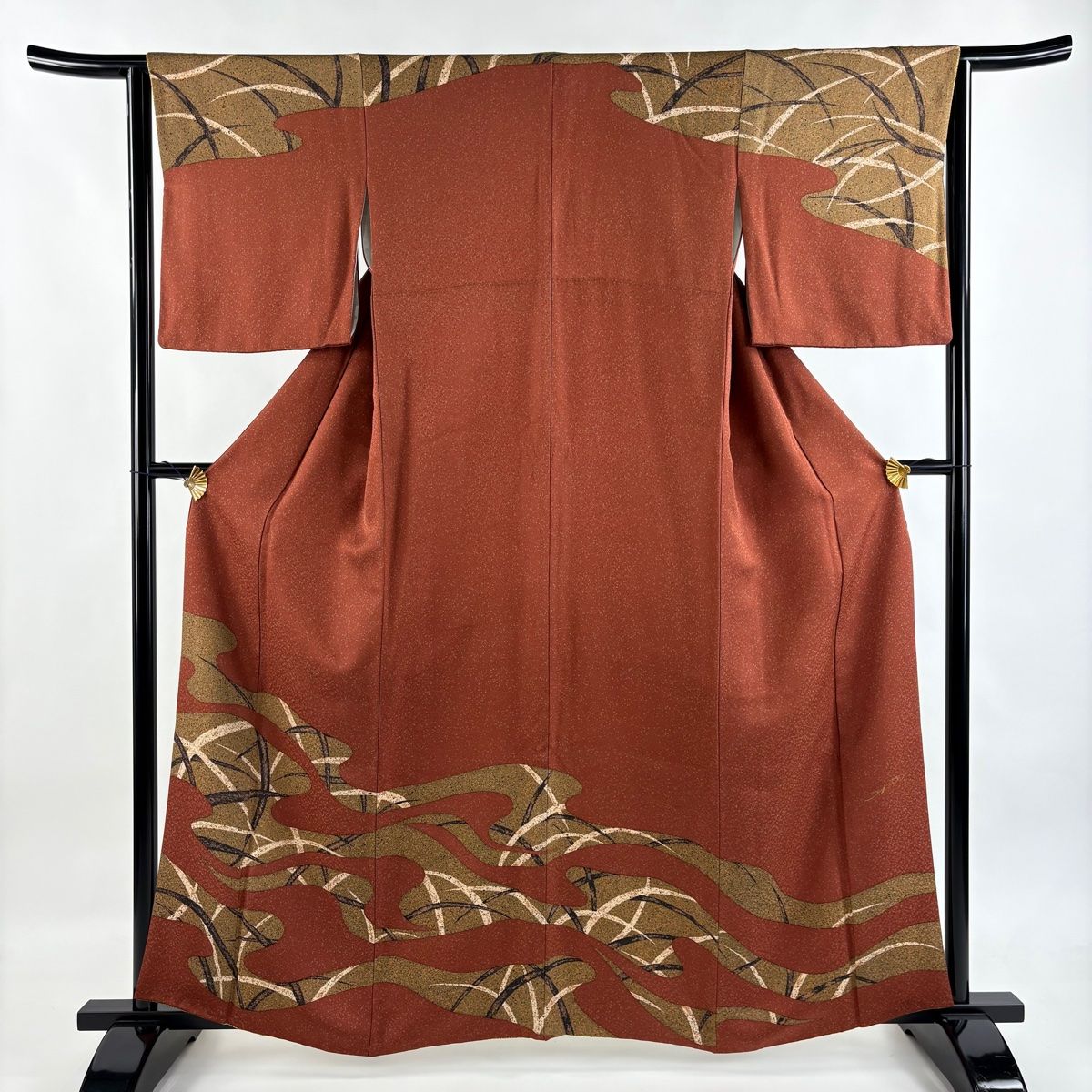 訪問着 身丈160cm 裄丈64cm M 袷 コシノヒロコ 落款 葉柄 霞 赤茶 正絹