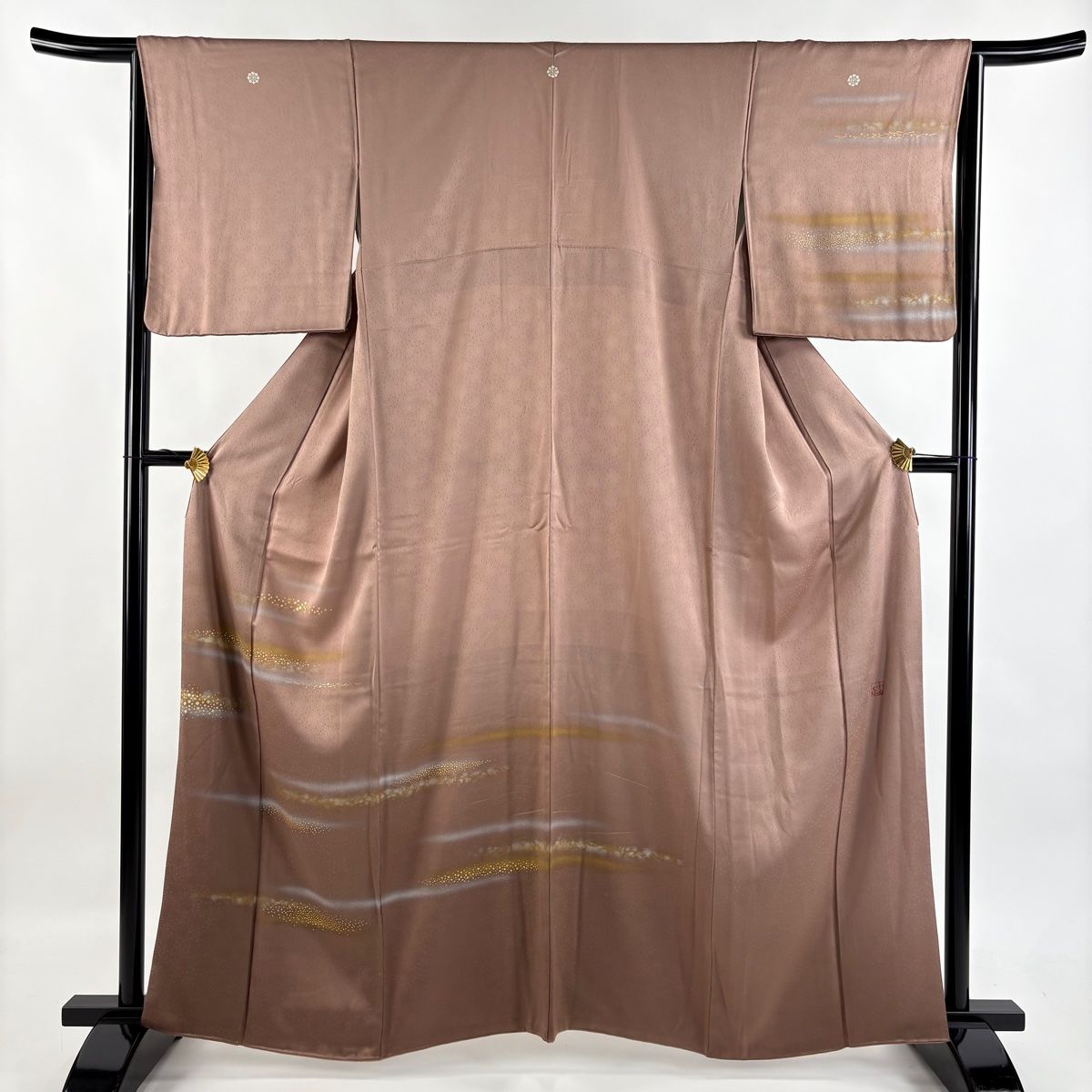 付下げ 身丈160cm 裄丈65.5cm M 袷 人間国宝 福田喜重 落款 箔散らし 霞 金銀彩 ぼかし 薄小豆 正絹 三つ紋