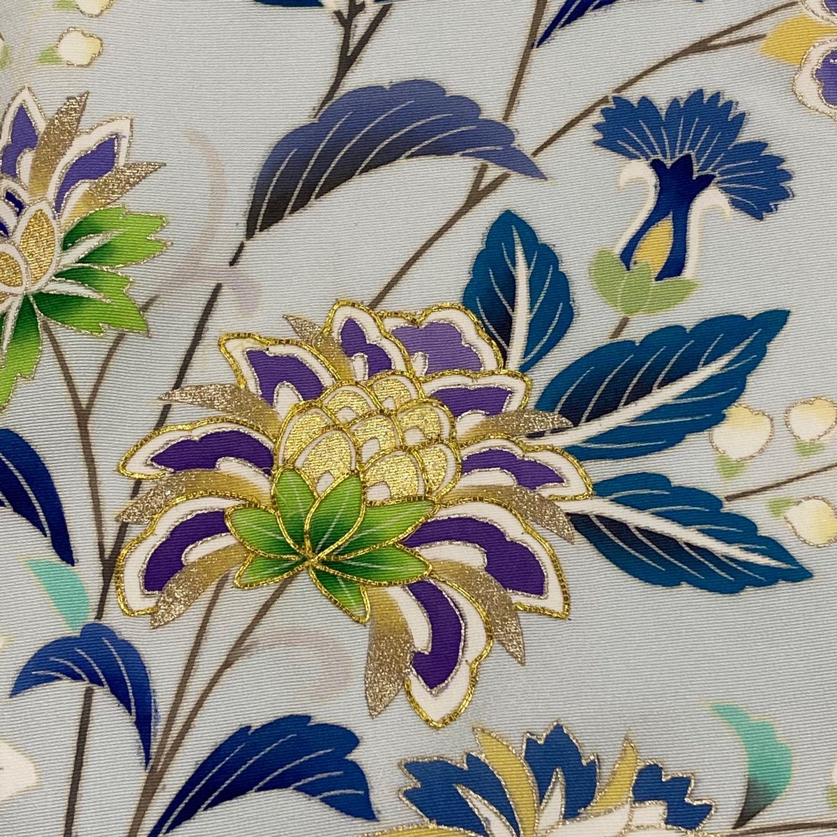 【返品無料可能】 訪問着 身丈171.5cm 裄丈69.5cm L 袷 草花 金糸 金彩 水色 正絹 便利