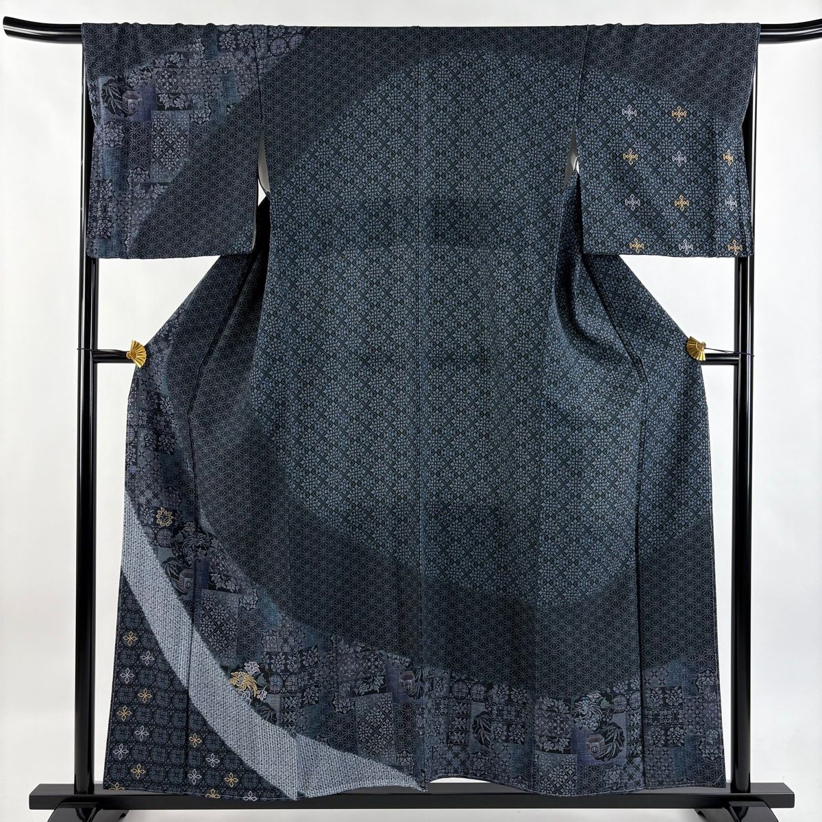 訪問着 身丈157cm 裄丈66.5cm M 袷 紬地 雪輪 花鳥 金糸 刺繍 青灰色 正絹