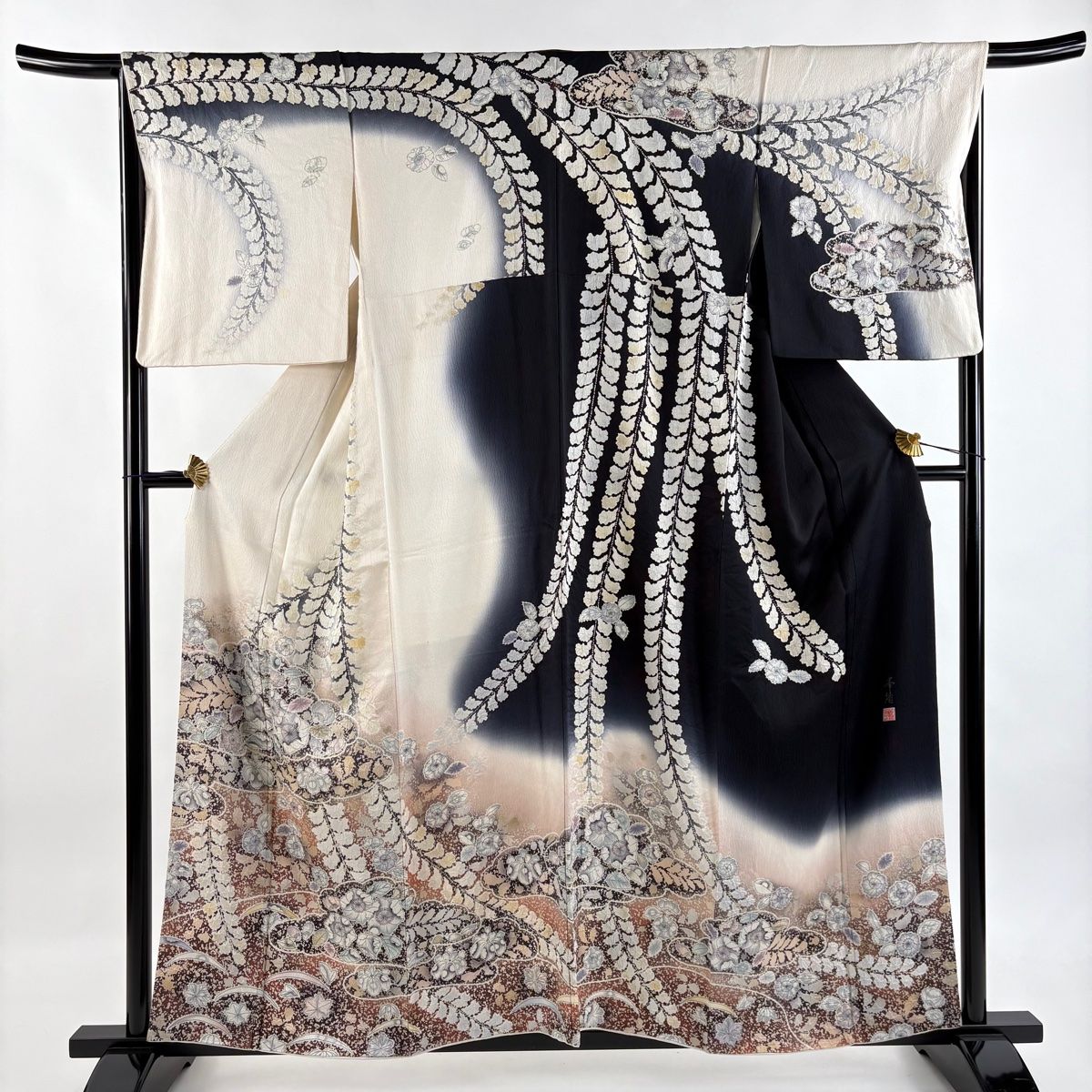 訪問着 身丈157.5cm 裄丈66.5cm M 袷 落款 辻が花 雲文 ぼかし クリーム 正絹 一つ紋