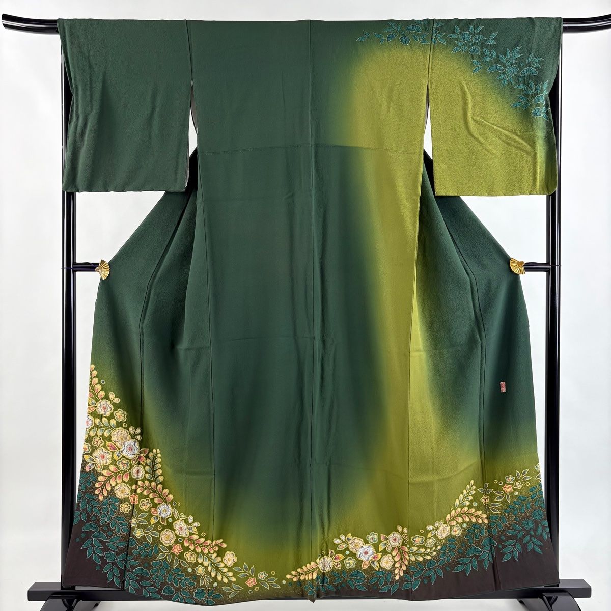 訪問着 身丈157cm 裄丈65.5cm M 袷 翠山工房 やまと 落款 辻が花 金彩 ぼかしぼかし 深緑 正絹