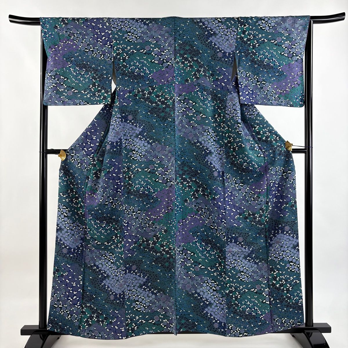 小紋 身丈159.5cm 裄丈64cm M 袷 花 笹 金通し 金彩 青緑 正絹