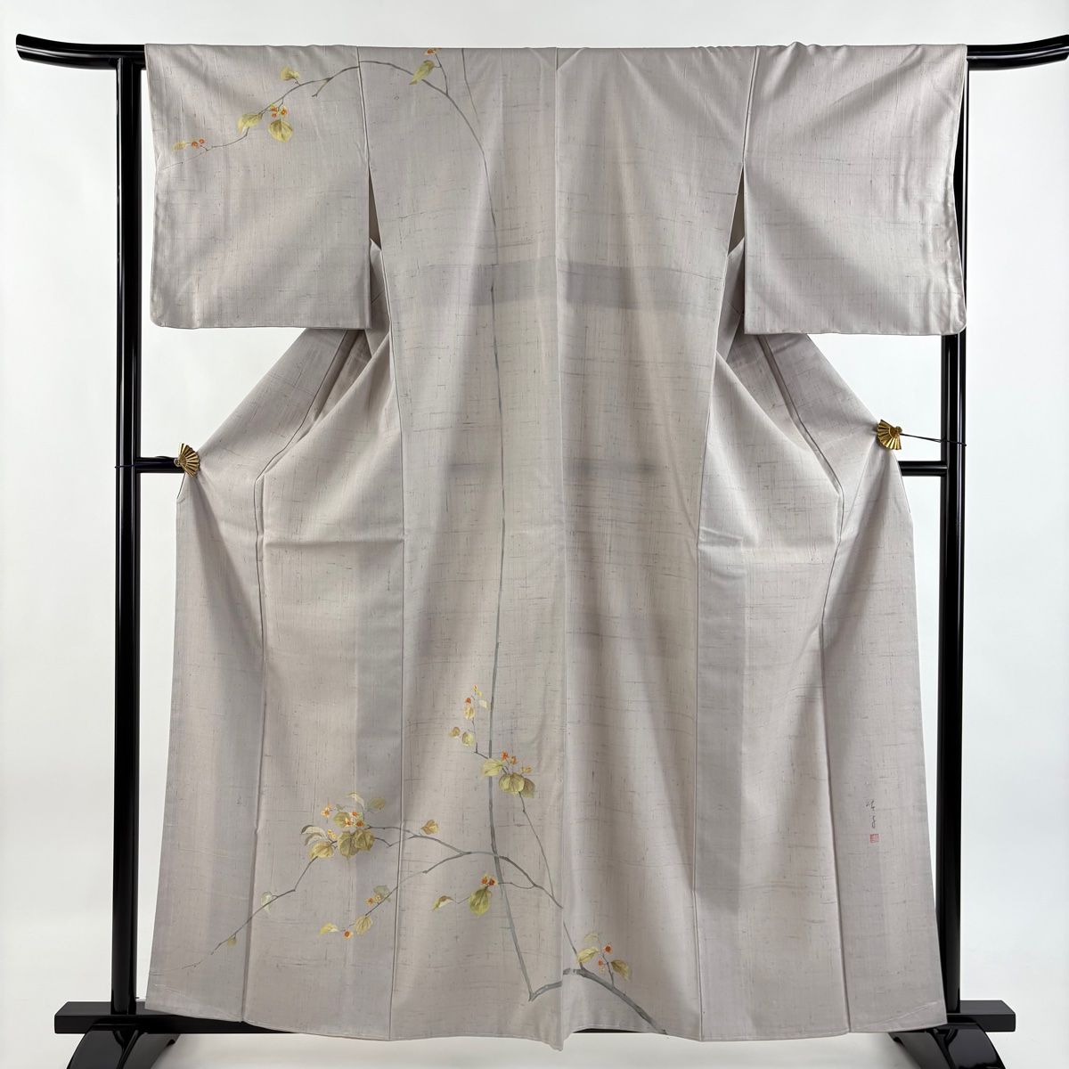 訪問着 身丈160.5cm 裄丈64cm M 袷 一色生子 紬地 落款 枝花 灰色 正絹
