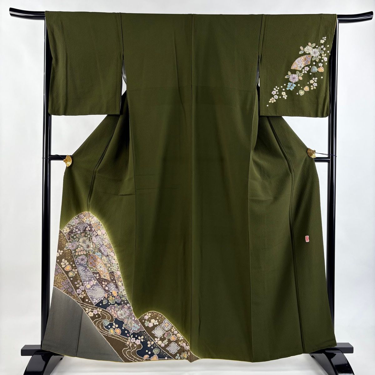 付下げ 身丈161.5cm 裄丈65cm M 袷 翠山工房 やまと 落款 辻が花 扇面 金彩 ぼかし 茶緑色 正絹