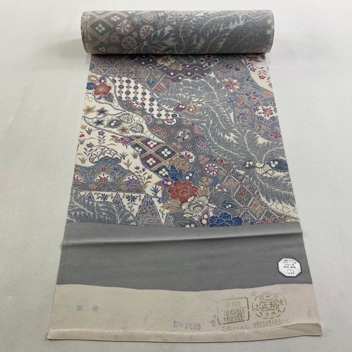 反物 秀品 小紋 草花 道長取り 灰色 正絹