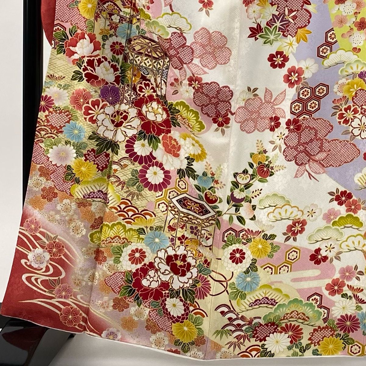 振袖 身丈163cm 裄丈68cm L 袷 袋帯フルセット 貝桶 草花 金糸 金彩 白 正絹