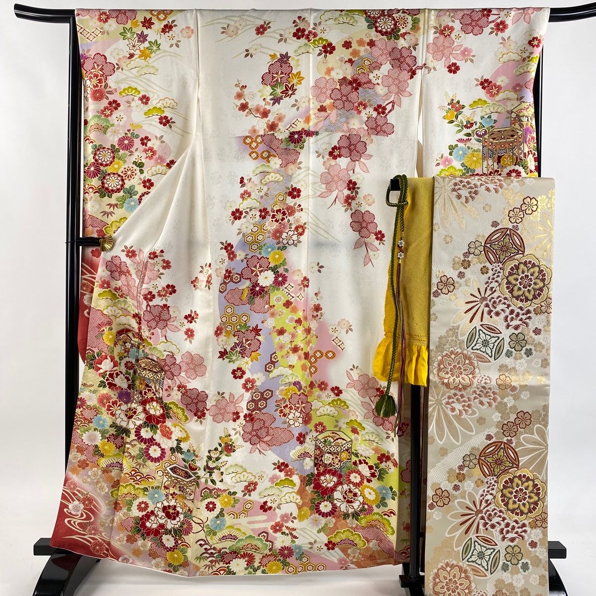 振袖 身丈163cm 裄丈68cm L 袷 袋帯フルセット 貝桶 草花 金糸 金彩 白 正絹