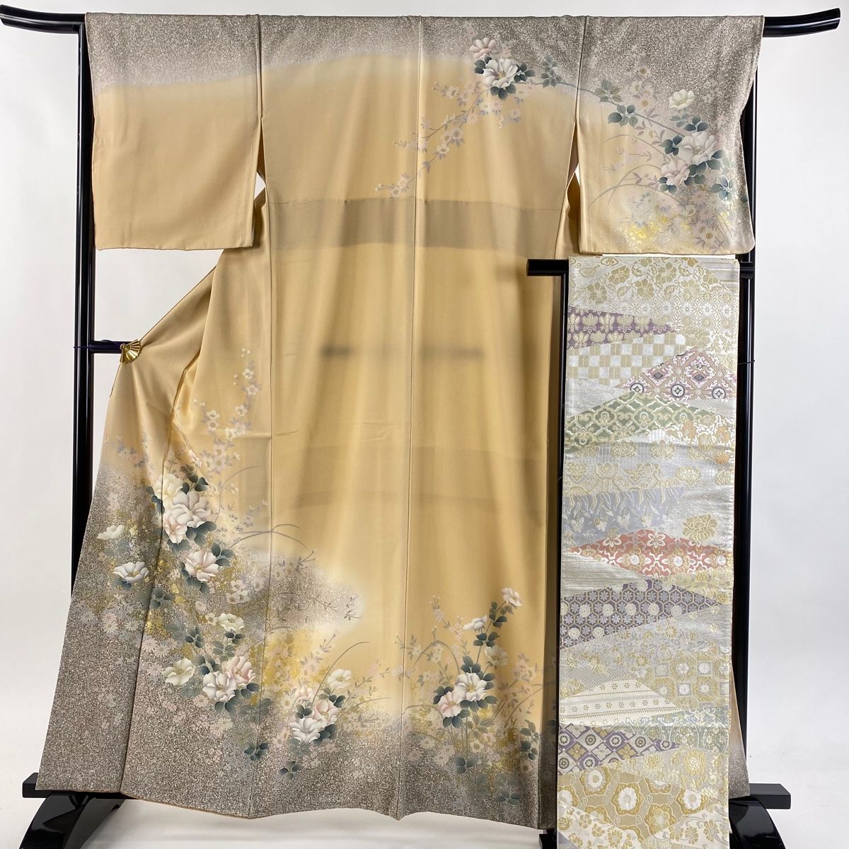 訪問着 身丈162.5 cm 裄丈67.5 L 袷 袋帯セット 草花 金銀彩 ぼかし ベージュ 正絹 秀品