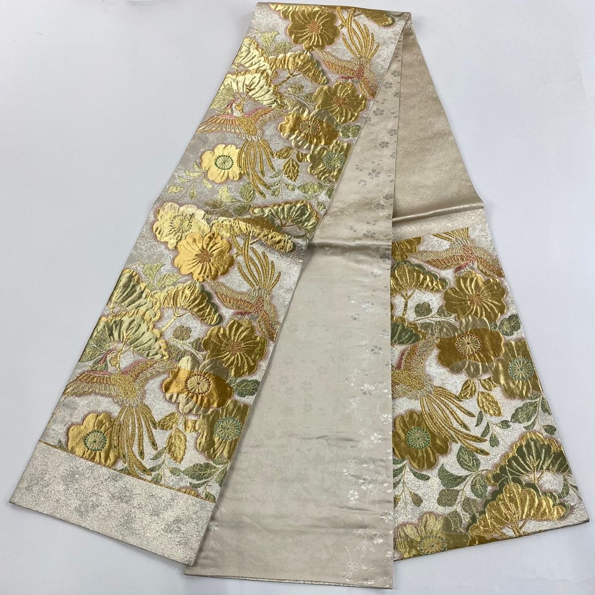 送料無料！ 振袖 身丈158.5cm 裄丈64.5cm M 袷 袋帯フルセット 鈴乃屋 草花 流水 銀通し 金彩 青緑 正絹