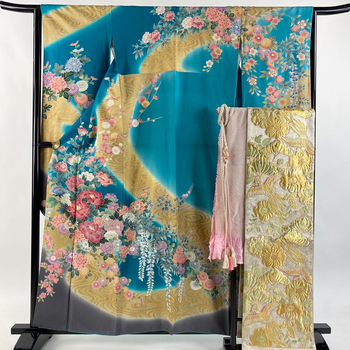 振袖 身丈158.5cm 裄丈64.5cm M 袷 袋帯フルセット 鈴乃屋 草花 流水 銀通し 金彩 青緑 正絹