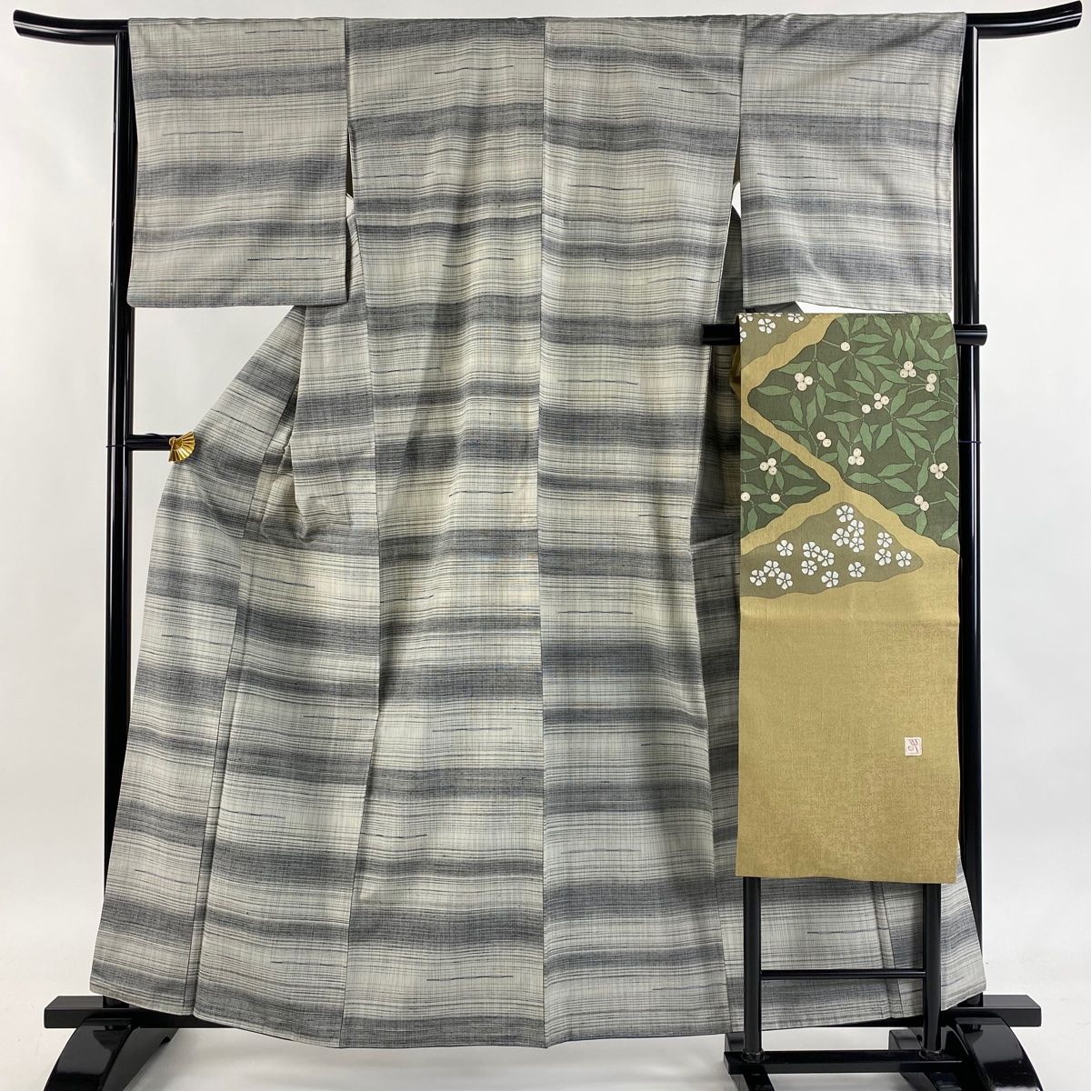 紬 身丈159.5 cm 裄丈65 M 袷 名古屋帯セット 縞 灰色 正絹 秀品