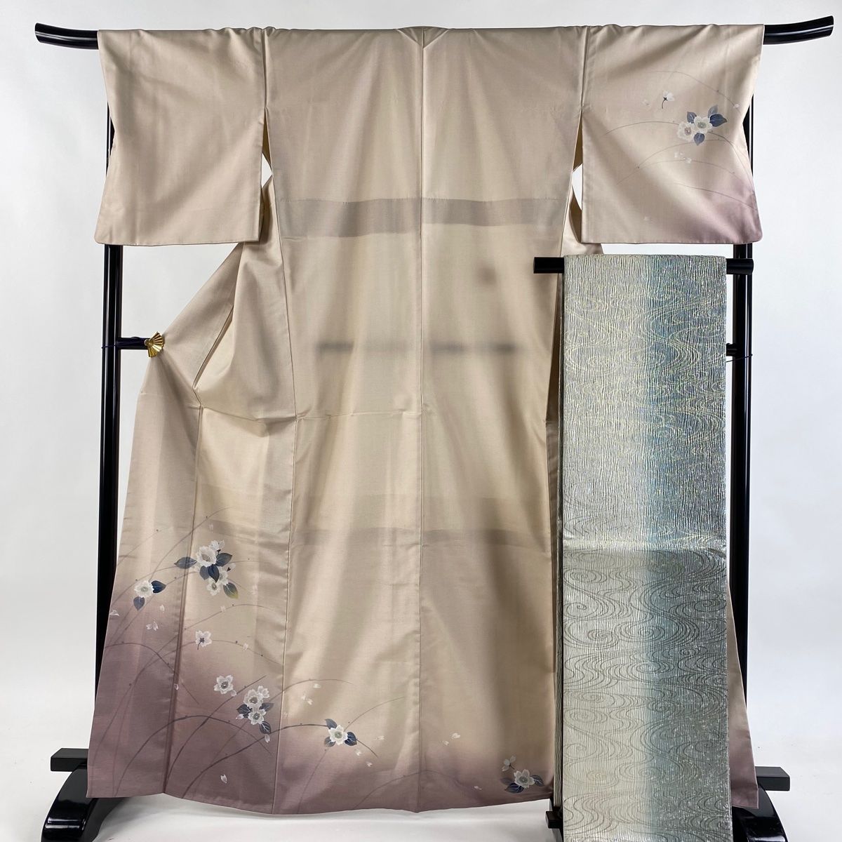 付下げ 身丈167cm 裄丈69.5cm L 袷 袋帯セット 紬地 桜 染め分け ぼかし ピンクベージュ 正絹 秀品