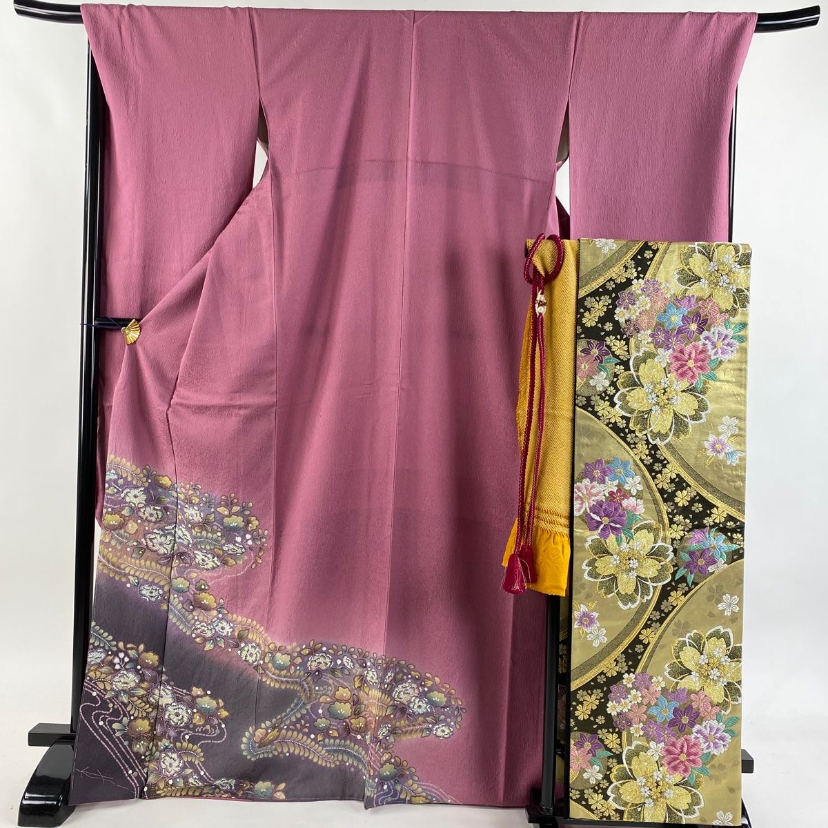 振袖 身丈169cm 裄丈70.5cm L 袷 袋帯フルセット 辻が花柄 金彩 ぼかし 赤紫 正絹 秀品
