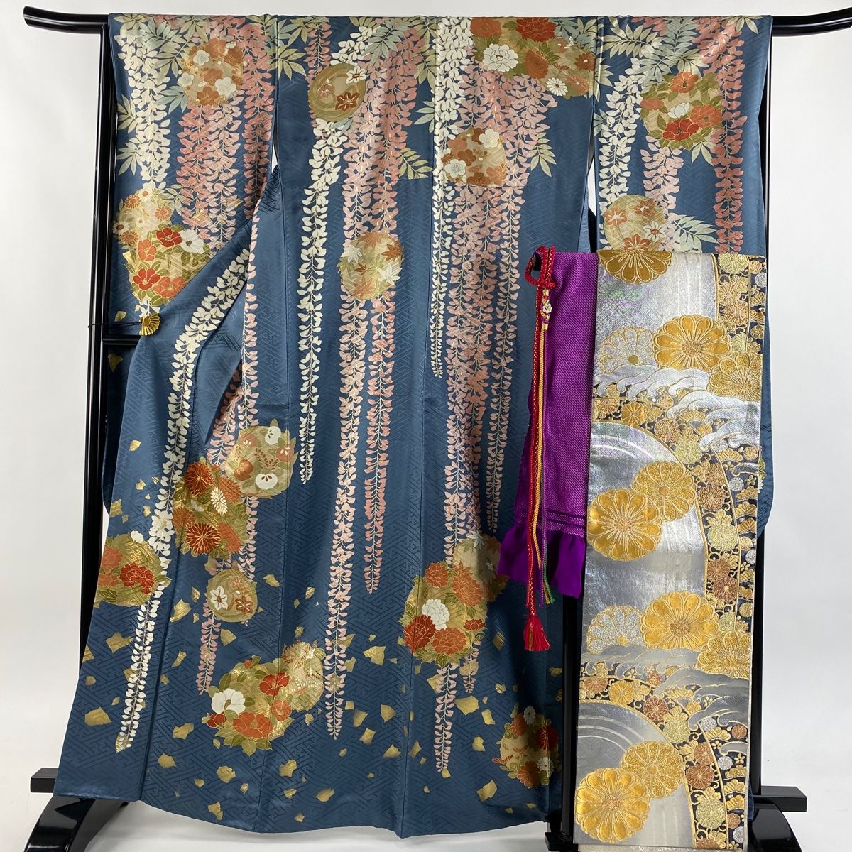 振袖 身丈166.5cm 裄丈66.5cm M 袷 袋帯フルセット 花丸文 藤 金糸 金彩 青灰色 正絹 秀品