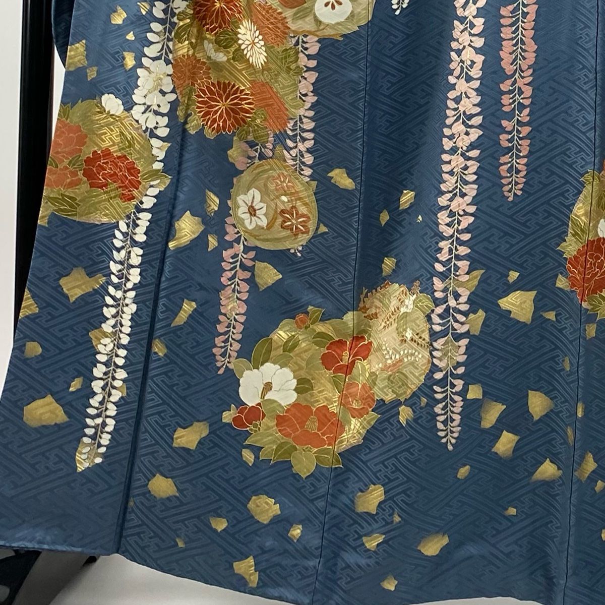 振袖 身丈166.5cm 裄丈66.5cm M 袷 袋帯フルセット 花丸文 藤 金糸 金彩 青灰色 正絹 秀品