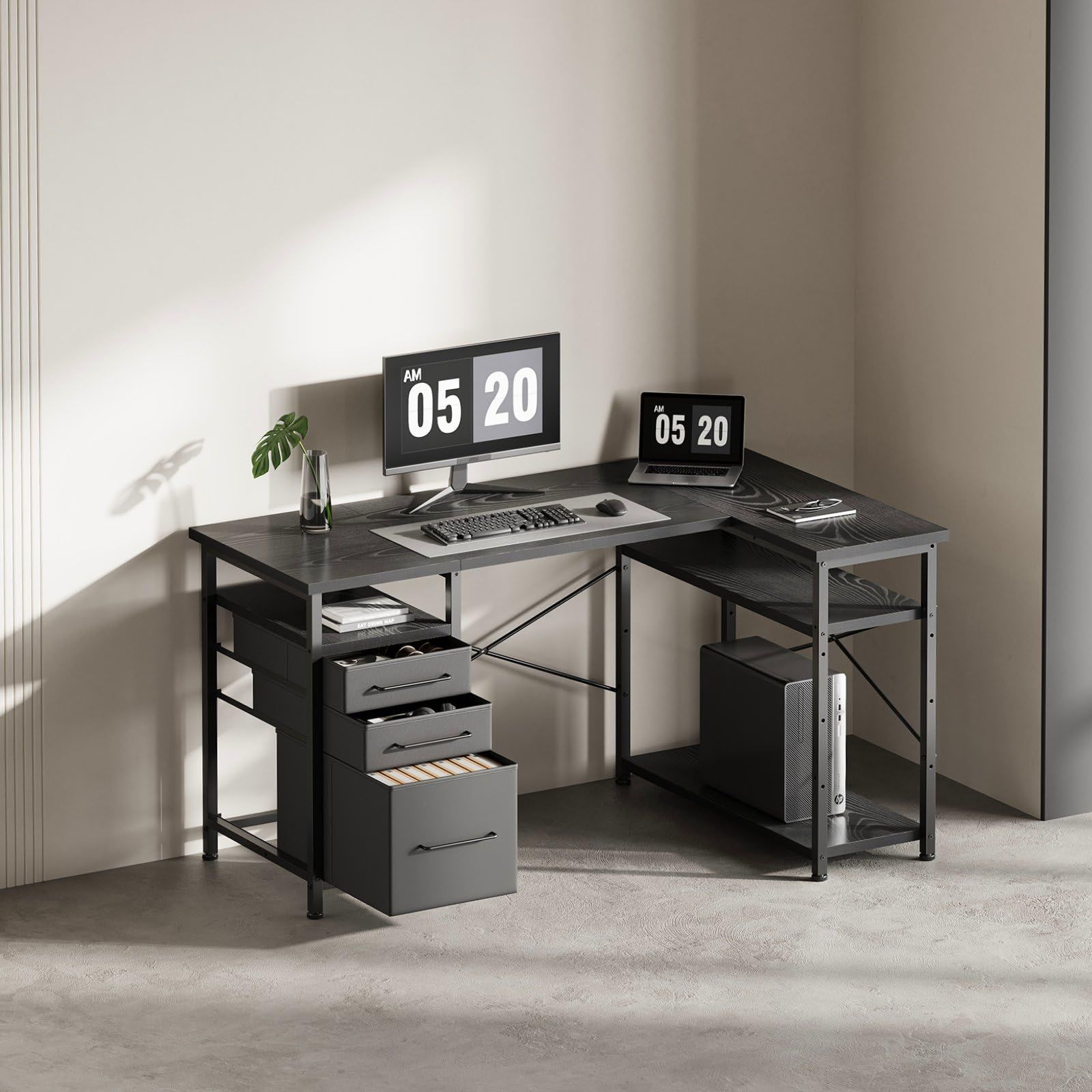 Maihail ゲーミングデスク パソコンデスク l字デスク 机 勉強机 学習机 右棚左棚 幅120 cm pcデスク コーナーデスク 本棚付き 引き出し付き ブラック