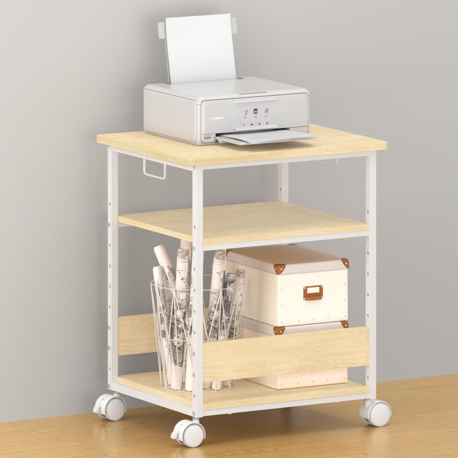 MIYOKI プリンター台 プリンタラック キャスター付き 幅60 奥行50cm 高さ70cm 総耐荷重90kg A3 A4対応 コピー機台 サイド デスク ワゴン デスク下 収納棚 収納 物置台 中棚9段階調節 組立簡単 ナチュラル