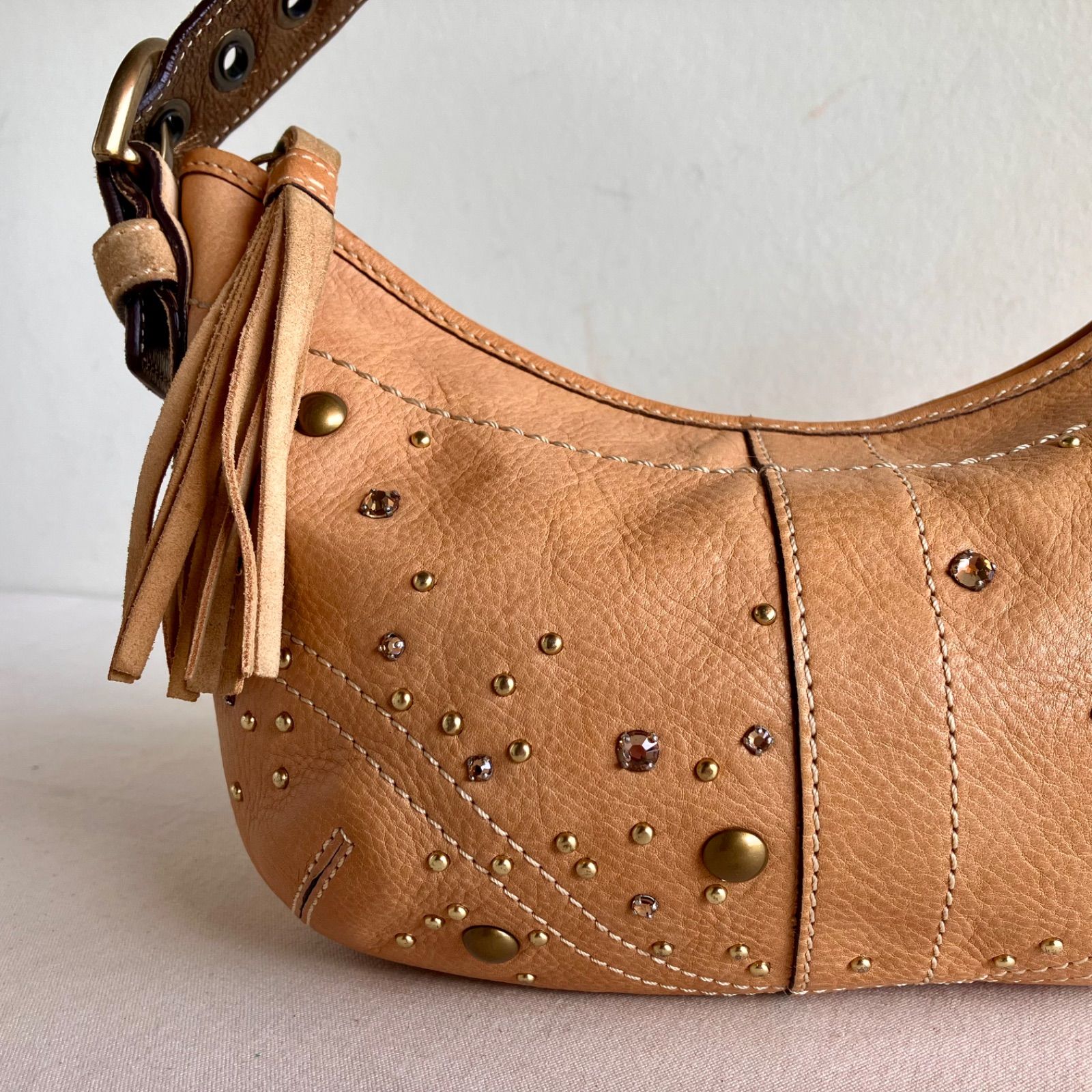 Coach y2k Studded Camel Suede Leather Hobo Shoulder Bag