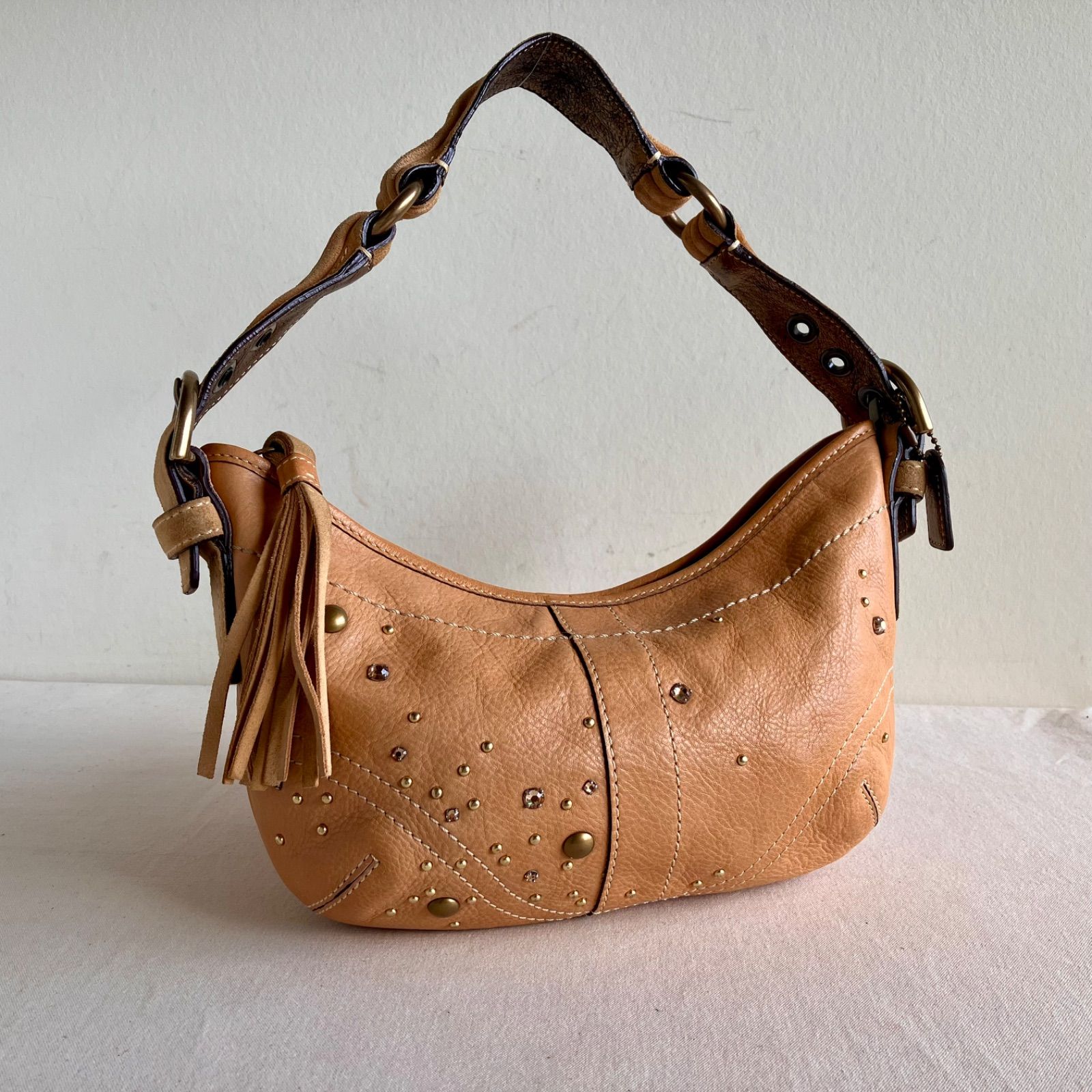 Coach y2k Studded Camel Suede Leather Hobo Shoulder Bag