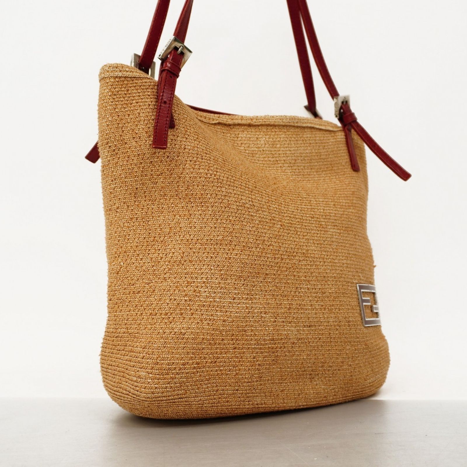 フェンディ Fendi フェンディ トートバッグ ラフィア ベージュ ボルドー レディース