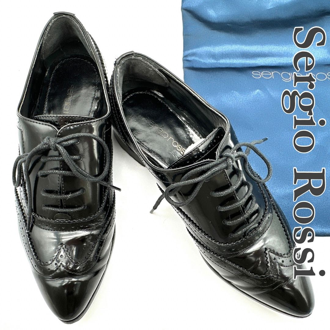 保存袋付き Sergio Rossi 革靴 本革 レースアップ ウイングチップ ブラック 2008T