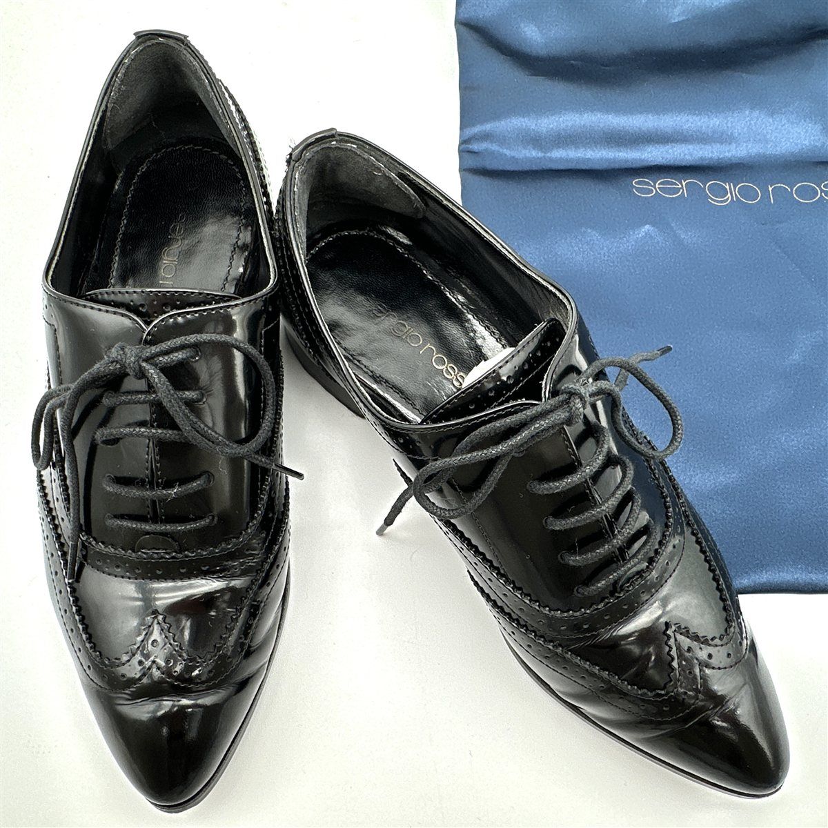 保存袋付き Sergio Rossi 革靴 本革 レースアップ ウイングチップ ブラック 2008 T