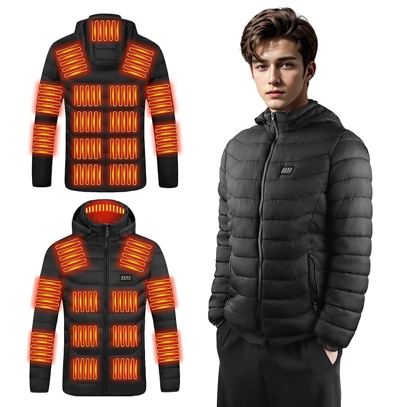 WANCHIY 電熱ジャケット メンズ ファッション 23箇所発熱 冬服 USB給電 長袖 発熱 ジャケット フード付き ３階段温度調整 防寒 防風 男女兼用 水洗い対応 通勤通学 アウトドア ブラック Lサイズ