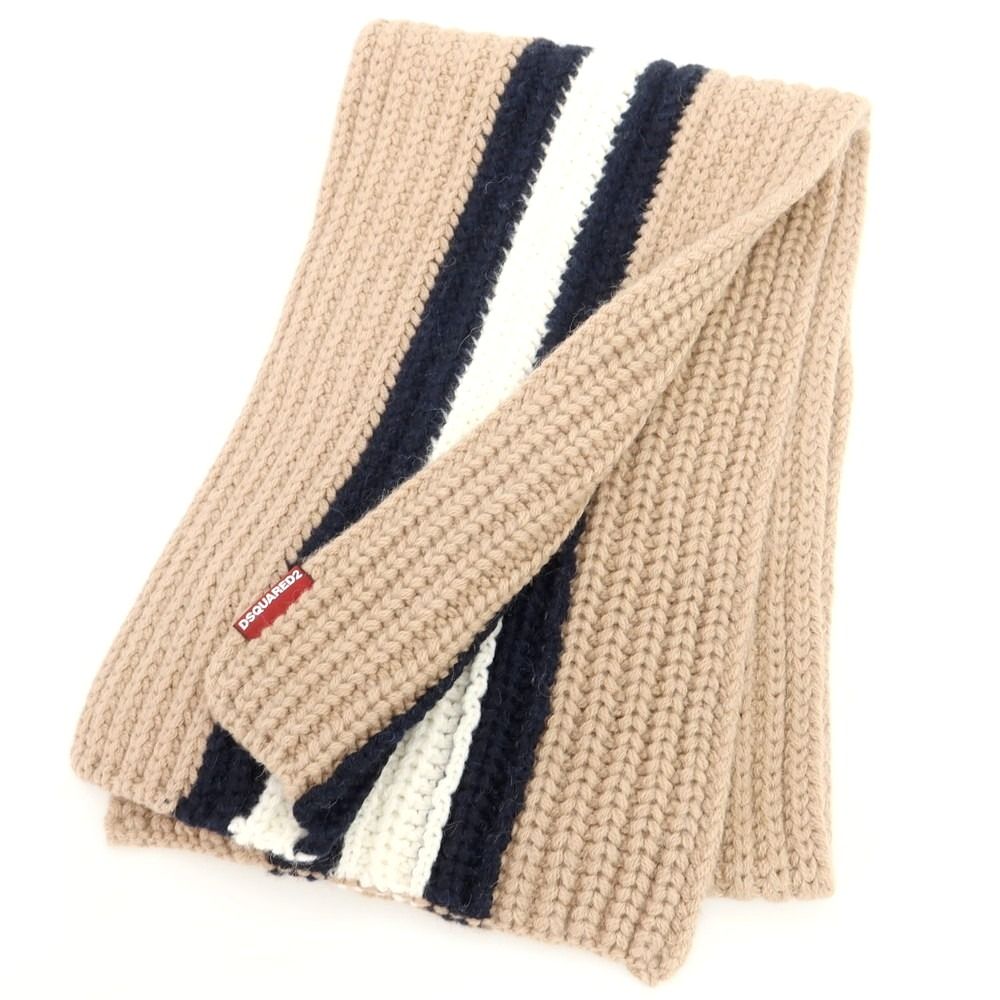 ディースクエアード ローゲージニット マフラー ベージュxネイビー メンズ