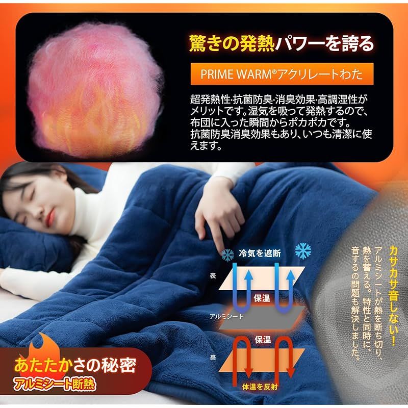 厚超暖 帝人TEIJIN中綿 毛布 ダブル 厚手 アルミシート エアロゲル断熱 6層構造 掛け布団 掛けふとん 冬用 抗菌防臭消臭 襟付き フランネル 超 細繊維 合わせ 保温 軽量 洗える 毛抜けない 静電気防止 180x200cm ネイビー MARWIL-DEMENAGEMENTS_CH