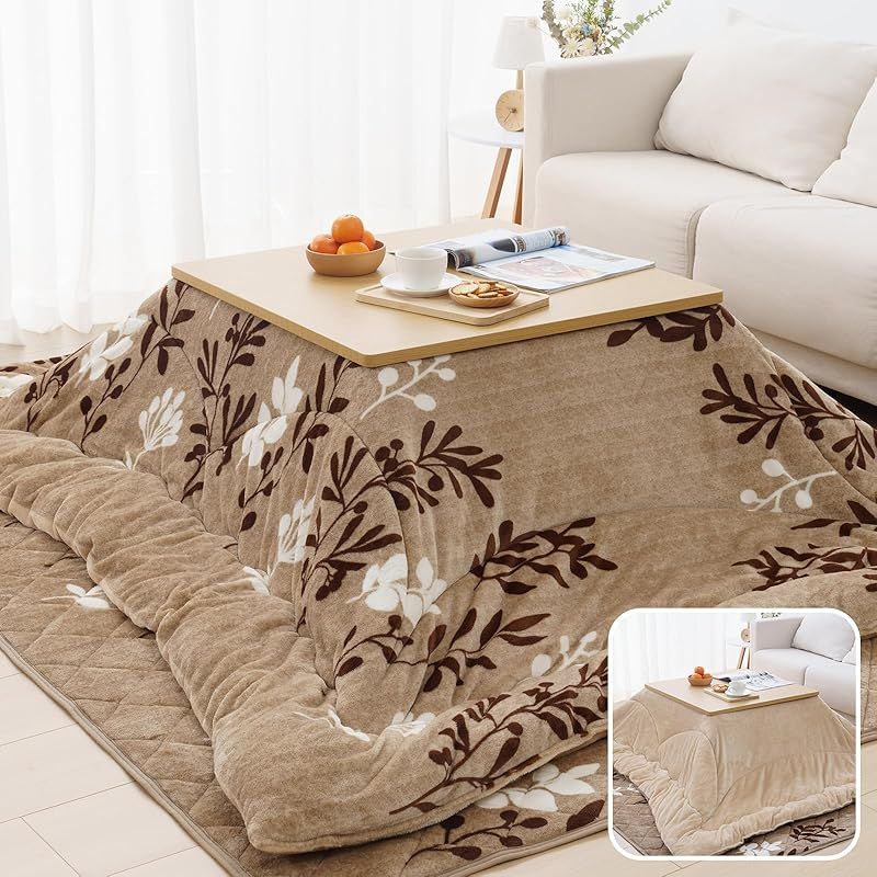 Vamcheer こたつ布団 長方形 掛け敷きセット 大判 約190x240cm リバーシブル こたつ掛け布団 敷き布団 2点セット 両面使える 厚掛け 厚手 あったか フランネル ふわふわ 冬用 洗える 静電気防止 毛抜けない 木の葉 ベージュ