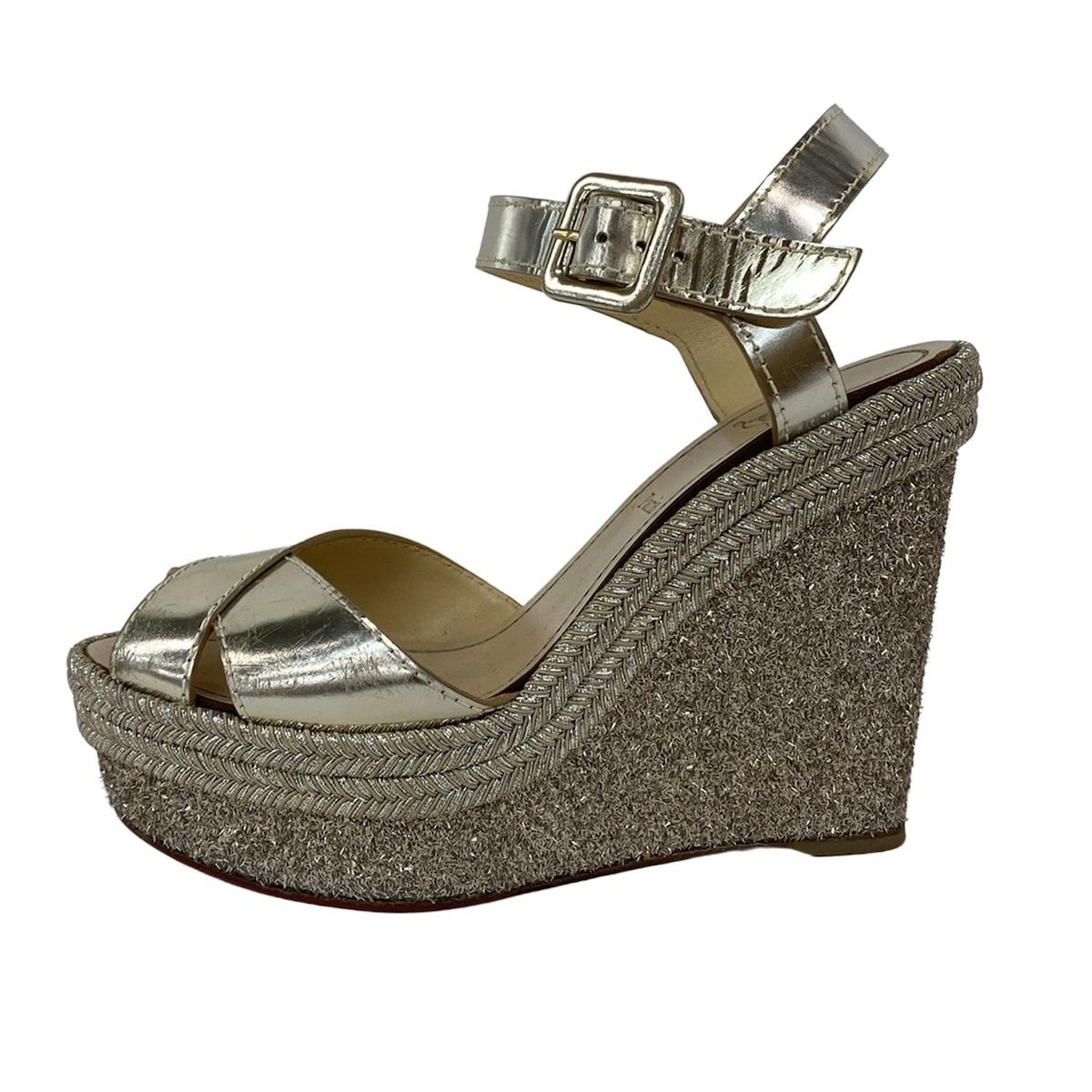 CHRISTIAN LOUBOUTIN クリスチャンルブタン サンダル 36 レディース シルバー ウェッジソール アウトソール張替済 グリッター レザー